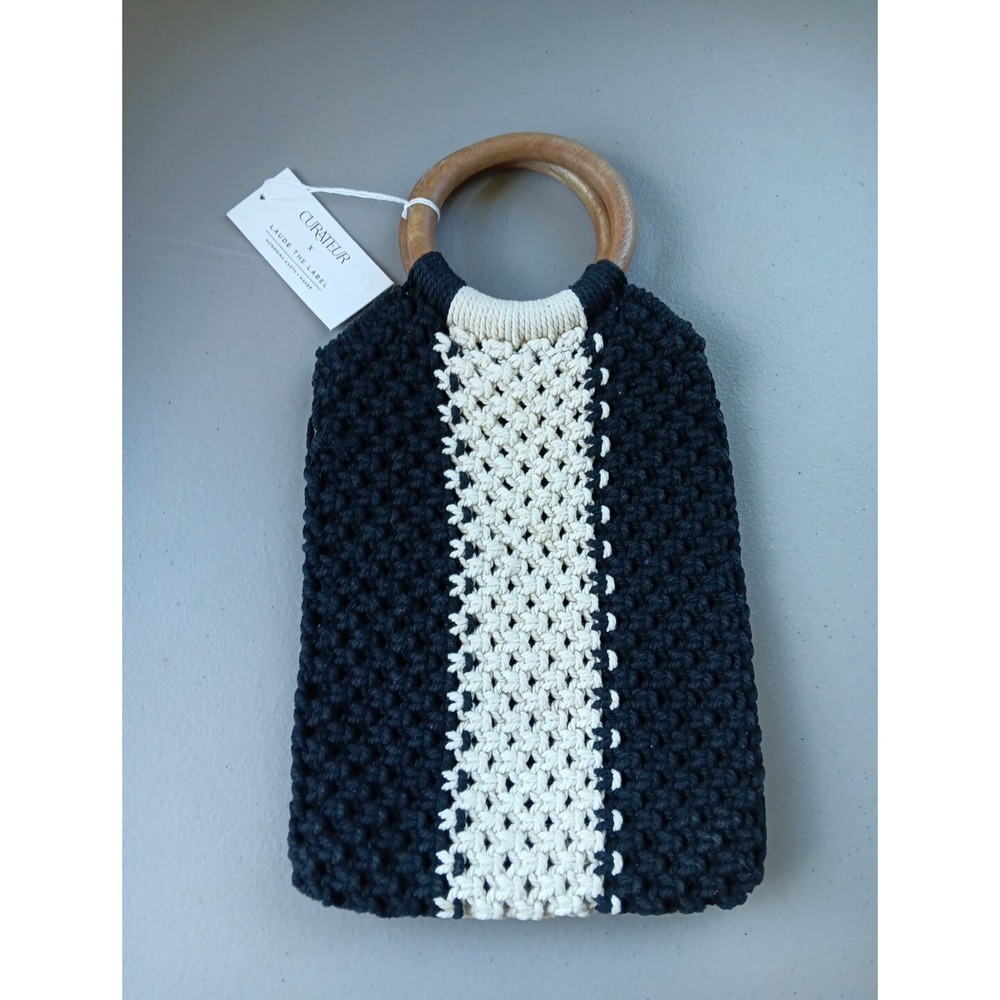 Curateur‎ Laude BOHO Handbag GABBY Black White Wood Handle Macramé Bag NEW